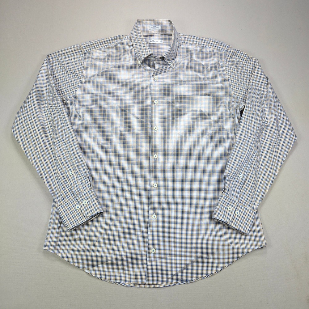 Peter Millar Button Down Shirt MF18W11NBL Tattersall Check Blue Tan Mens Large